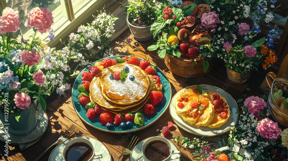 Delicious pancakes with fresh berries and fruits on a wooden table with flowers and coffee Delicious pancakes with fresh berries and fruits on a wooden table with flowers and coffee