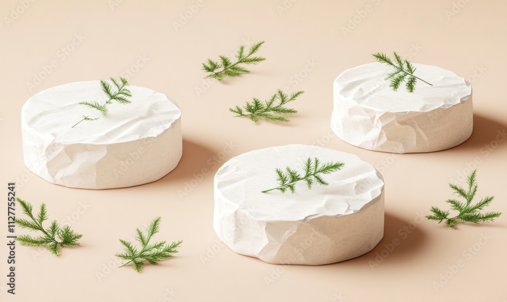 Three creamy white cheese rounds with sprigs of greenery on a beige background. Three creamy white cheese rounds with sprigs of greenery on a beige background.