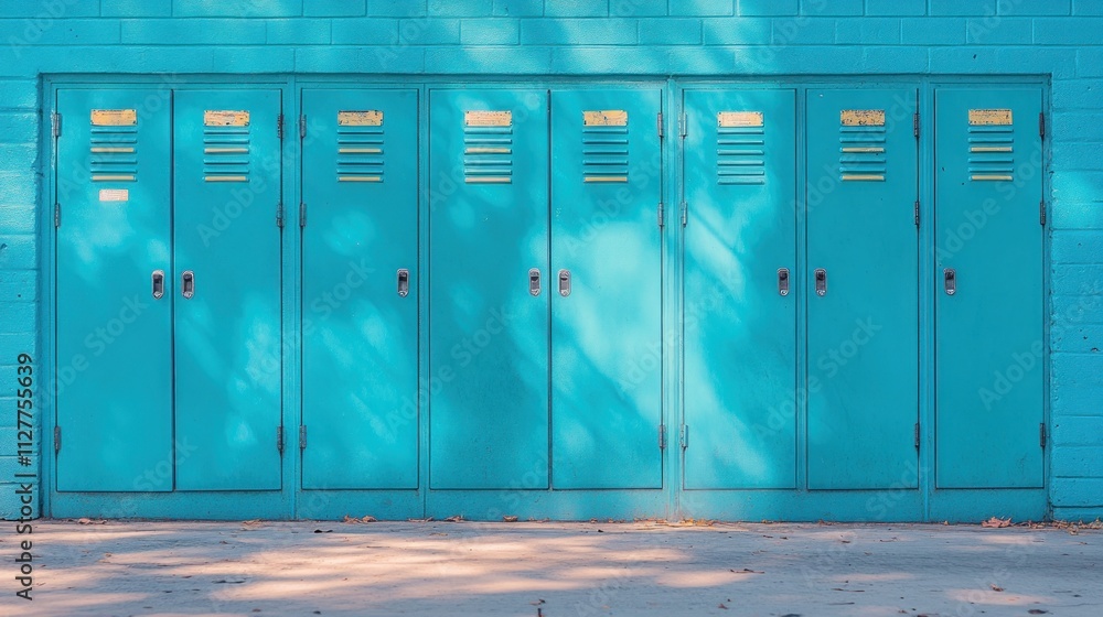 Fototapeta premium Row of teal metal lockers against a blue brick wall.
