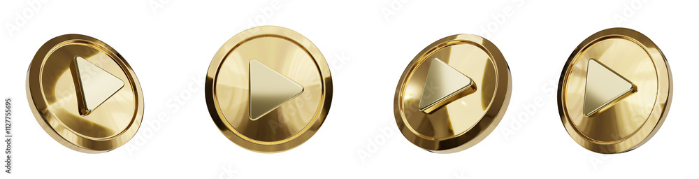 set of shiny gold video movie play 3d icon isometric isolated transparent png set of shiny gold video movie play 3d icon isometric isolated transparent png