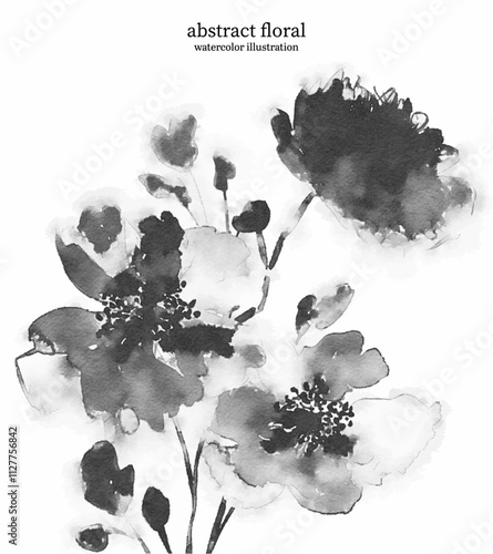 Black and White Abstract Floral 13. Watercolor illustration of vector flowers and leaves. Delicate botanical imagery with soft edges and flowing lines creates sense of simplicity and elegance.