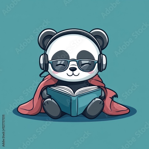 Cute panda wearing headphones and sunglasses reading a book while wrapped in a blanket.