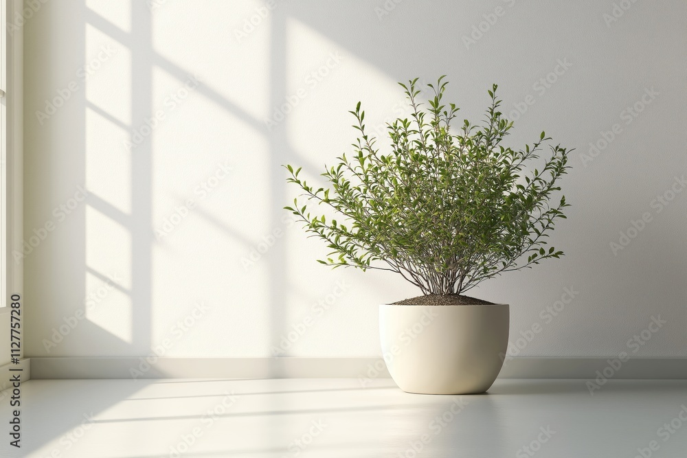 Modern interior mockup featuring plant in beige pot. Daylight illuminates room. Empty space ideal for product display. Contemporary style apartment living space. Simple elegant design. Light beige Modern interior mockup featuring plant in beige pot. Daylight illuminates room. Empty space ideal for product display. Contemporary style apartment living space. Simple elegant design. Light beige