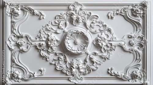 Victorian-style white decorative elements on 3d ceiling wall wallpaper, complemented by a frame-like background. Rococo. Illustration photo