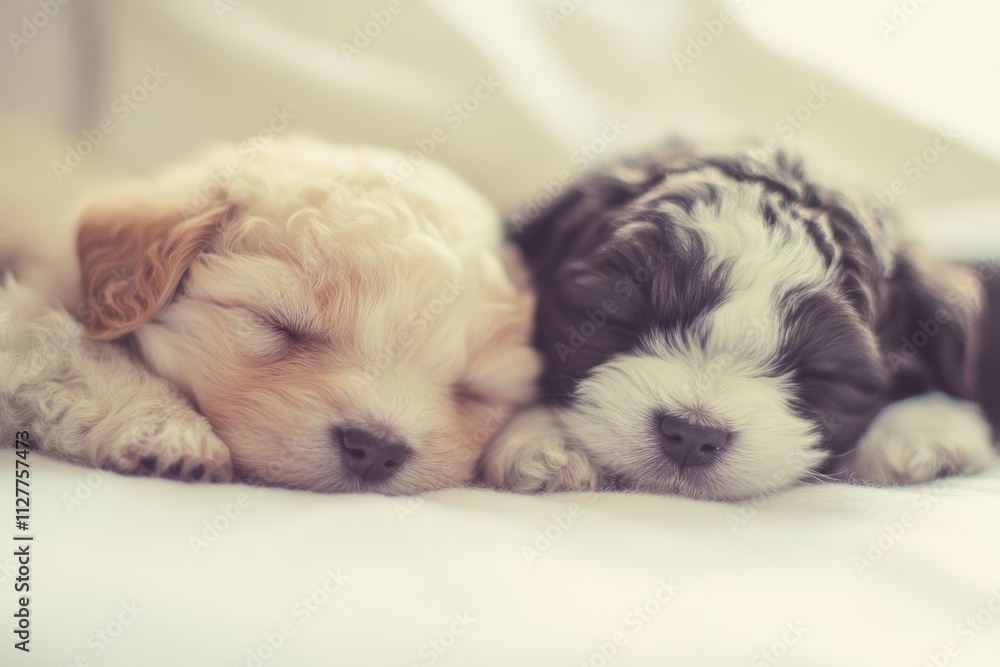 Two adorable puppies sleeping soundly together on a white blanket. Two adorable puppies sleeping soundly together on a white blanket.