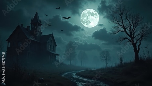 Haunted house stands gloomy landscape under eerie full moon. Dark cloudy Halloween night casts spooky shadows. Mysterious creek flows through spooky terrain. Bats fly around house. Spooky atmosphere. photo