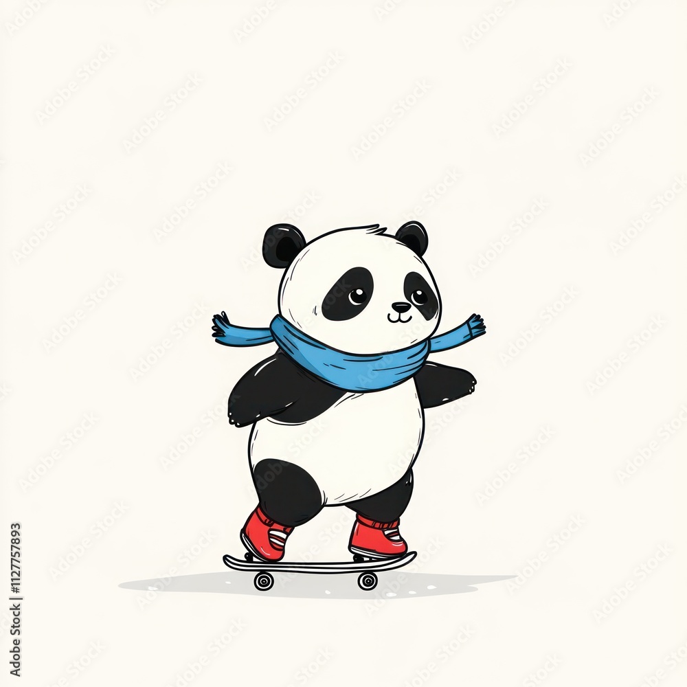 Cute panda skateboarding wearing a scarf and red shoes. Cute panda skateboarding wearing a scarf and red shoes.