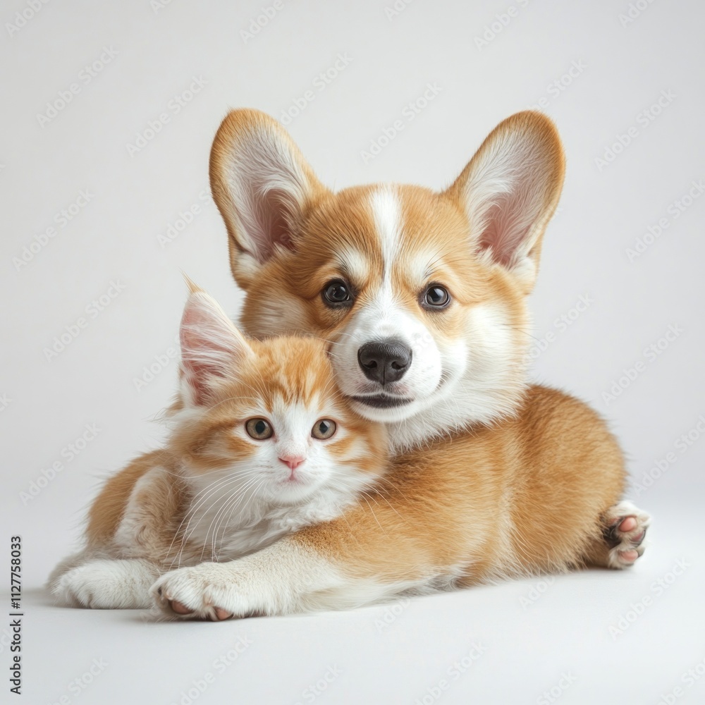 Adorable corgi puppy cuddling with a fluffy kitten. Adorable corgi puppy cuddling with a fluffy kitten.