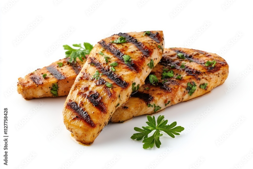 Three grilled chicken breasts, garnished with parsley, isolated on white. Three grilled chicken breasts, garnished with parsley, isolated on white.