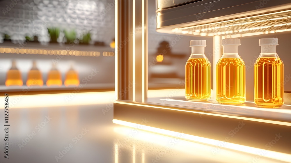 Beer research facility interior, bottles on lighted shelves, testing equipment, clean minimalist design, muted tones, cozy ambiance Beer research facility interior, bottles on lighted shelves, testing equipment, clean minimalist design, muted tones, cozy ambiance