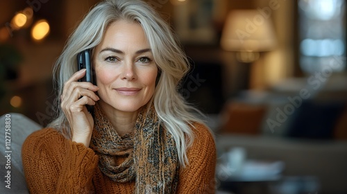 Blonde woman engaged in intercom conversation, phone to ear, cozy living space