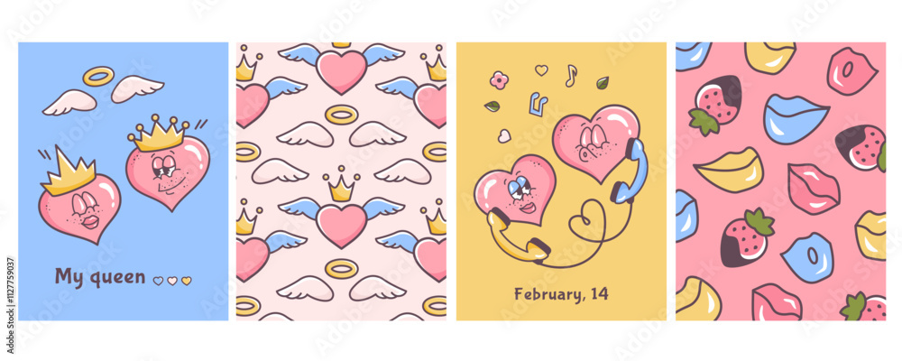 Fototapeta premium Valentine's day card. Groovy hippie love. Set of Retro valentine posters. Couple of cute hearts, romantic background. Comic characters in trendy 60s 70s cartoon style.Vector illustration