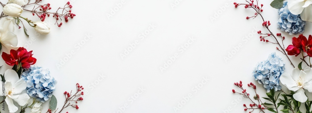 Festive floral border design with red, white, and blue flowers on white background. Festive floral border design with red, white, and blue flowers on white background.