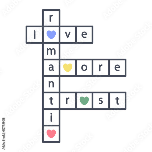 Crossword puzzle. Square Rebus with love lettering. Vertical Word puzzle. Valentines typography with cute cartoon hearts. Puzzle grid set. Word game. Hand drawn romantic illustration. Clipart. Vector
