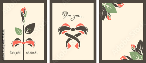 Valentines day cards with message of love. Set of retro posters for 14 February holiday. Romantic design with rosebud, cute bow in shape of heart, love text. Vector flat illustration