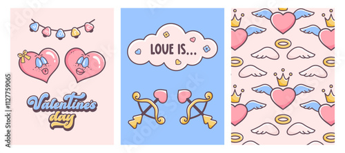 Set of Valentine's day flier. Groovy hippie love. LGBT love couples.  Homosexual love. Retro valentine cards in 60s 70s cartoon style. Cute hearts, cupid arrow, angel wings, valentine text. Vector