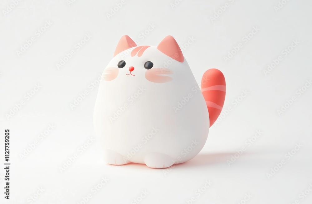 Cute chubby white cat figurine with pink ears and tail on white background. Cute chubby white cat figurine with pink ears and tail on white background.
