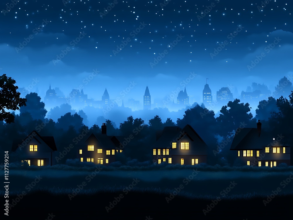 Nighttime Suburban Houses Skyline View Nighttime Suburban Houses Skyline View