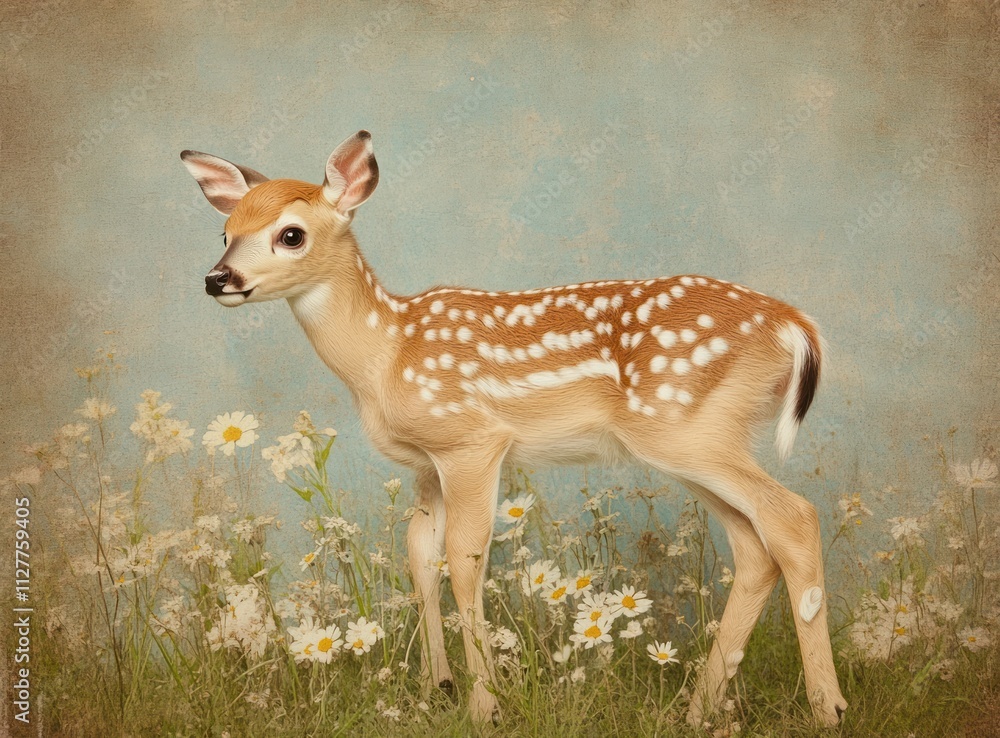 Adorable fawn standing in a field of daisies. Adorable fawn standing in a field of daisies.