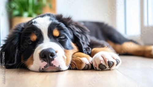 Adorable Bernese Mountain Dog puppy sleeping peacefully on hardwood floor. photo