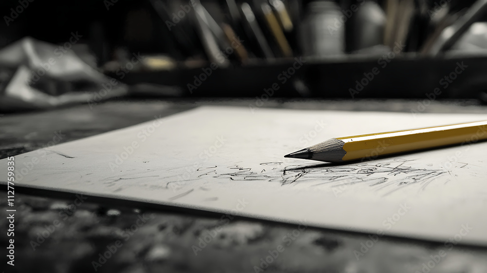 Fototapeta premium A pencil is on a piece of paper with a drawing on it