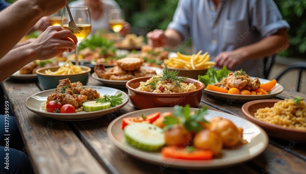 Outdoor dining scene features people enjoying various delicious dishes on rustic wooden table. Group shares food like fried chicken, couscous, roasted vegetables. Plates filled with flavors, sides. Outdoor dining scene features people enjoying various delicious dishes on rustic wooden table. Group shares food like fried chicken, couscous, roasted vegetables. Plates filled with flavors, sides.