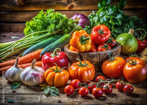 Fresh Vegetables for a Healthy Diet: Vibrant Selection of Tomatoes, Carrots, Zucchini, Onions, and Cilantro in a Rustic Kitchen Setting, Showcasing Nutritional Benefits and Freshness