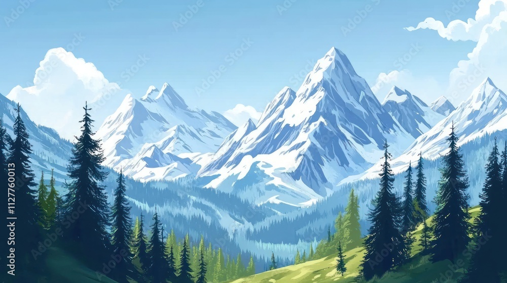 Mountain range with snow-capped peaks and pine forest, high altitude, crisp mountain air Mountain range with snow-capped peaks and pine forest, high altitude, crisp mountain air
