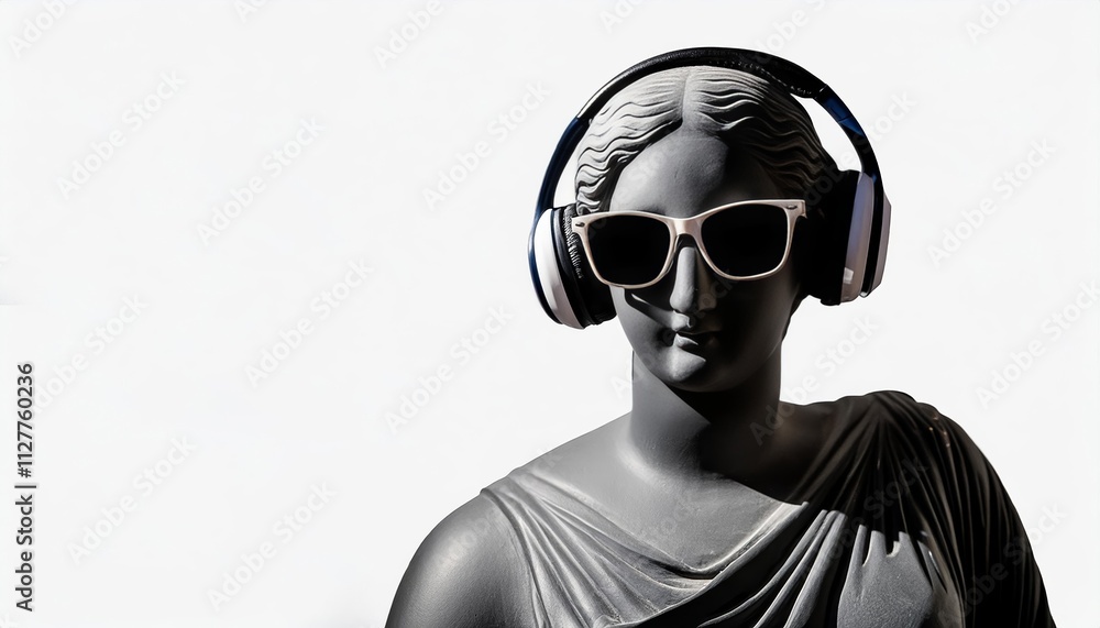 Ancient Female Greek Sculpture Wearing Headphones and Sunglasses: A Unique Blend of Classical Art and Modern Culture, Isolated on White Background for Contemporary Aesthetic Appeal Ancient Female Greek Sculpture Wearing Headphones and Sunglasses: A Unique Blend of Classical Art and Modern Culture, Isolated on White Background for Contemporary Aesthetic Appeal