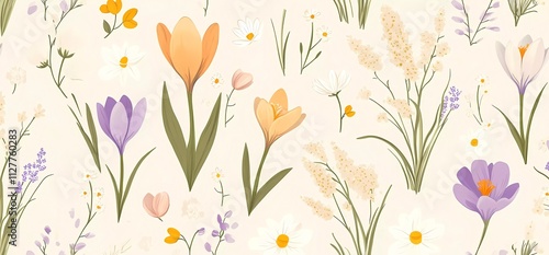 Wallpaper Mural Cute spring floral seamless pattern set with pastel flowers, crocuses, and daisies in a flat vector style on a beige background. Torontodigital.ca