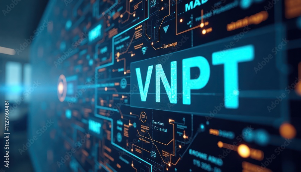Virtual network world displayed on digital screen. VNPT IP address highlighted. Tech data stream flowing. Network connections visualized. Data visualization abstract background. Virtual network world displayed on digital screen. VNPT IP address highlighted. Tech data stream flowing. Network connections visualized. Data visualization abstract background.