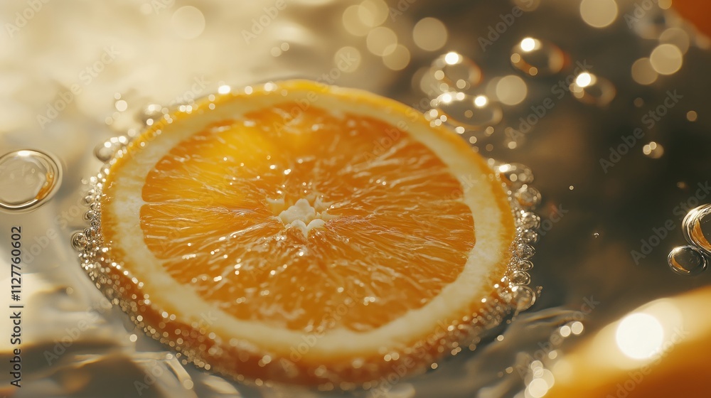 A close-up of a fresh orange slice submerged in sparkling water with bubbles. A close-up of a fresh orange slice submerged in sparkling water with bubbles.