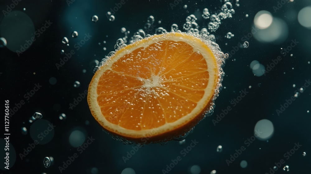 A fresh orange slice floating in sparkling water with bubbles. A fresh orange slice floating in sparkling water with bubbles.