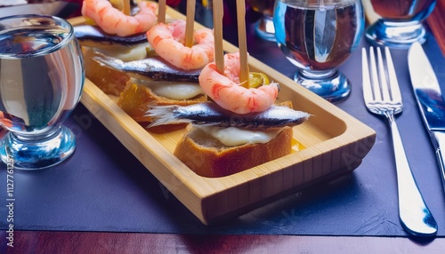 Delicious Spanish Tapas Featuring Anchovies and Shrimp Captured in a Close-Up at a Cozy Restaurant in San SebastiÃ¡n, Showcasing the Culinary Delights of Basque Cuisine. photo