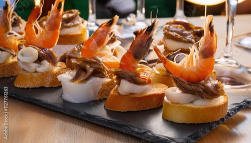 Deliciously Appetizing Spanish Tapas Featuring Anchovies and Shrimp Served in a Cozy Restaurant in San SebastiÃ¡n, Captured in Stunning Close-Up Detail for Food Lovers and Culinary photo