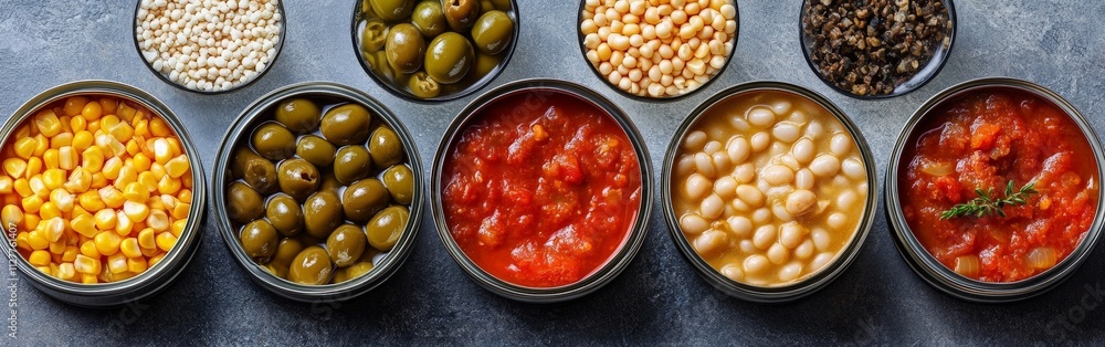 Variety of Canned Foods Including Fish, Beans, and Vegetables Variety of Canned Foods Including Fish, Beans, and Vegetables