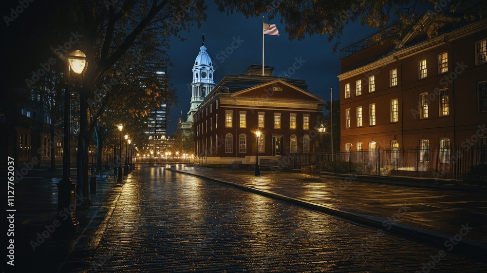 Fototapeta premium Nighttime city street, historic buildings, rain-slicked cobblestones.