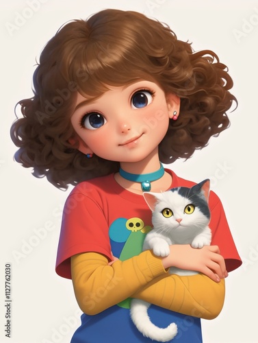 cartoon girl and cat on white background