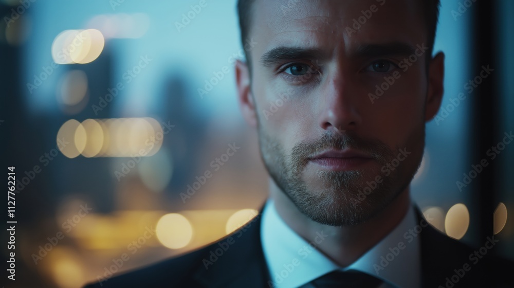 A serious young man in a suit with a focused expression against a blurred city background. A serious young man in a suit with a focused expression against a blurred city background.