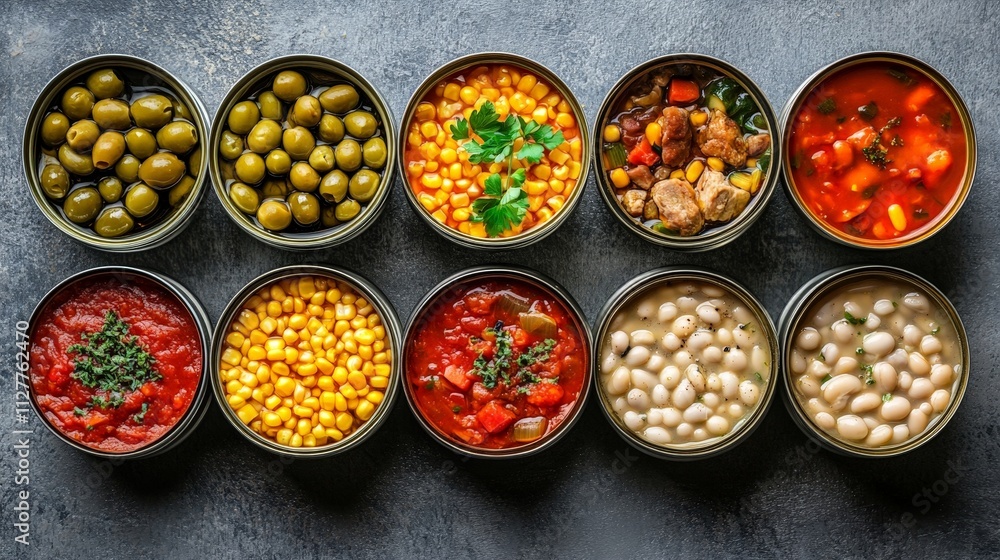 Variety of Canned Foods Including Fish, Beans, and Vegetables Variety of Canned Foods Including Fish, Beans, and Vegetables