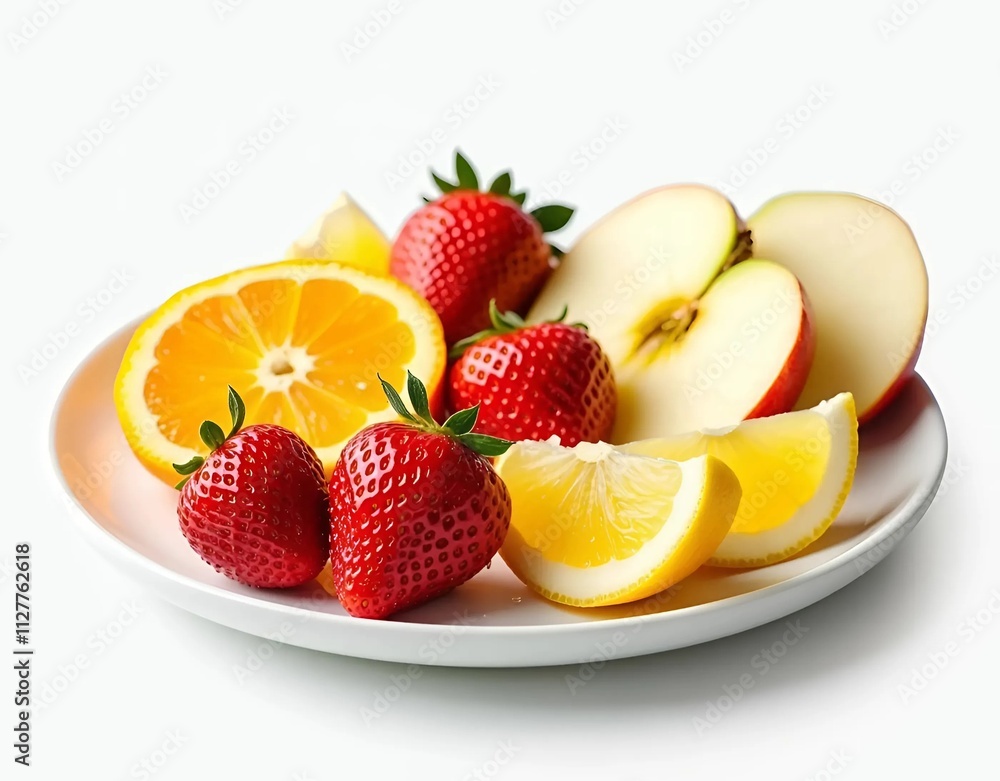 A plate of fresh fruit is arranged in a visually appealing manner. The vibrant colors of the red strawberries, green apple, and orange citrus create a tempting display. A plate of fresh fruit is arranged in a visually appealing manner. The vibrant colors of the red strawberries, green apple, and orange citrus create a tempting display.
