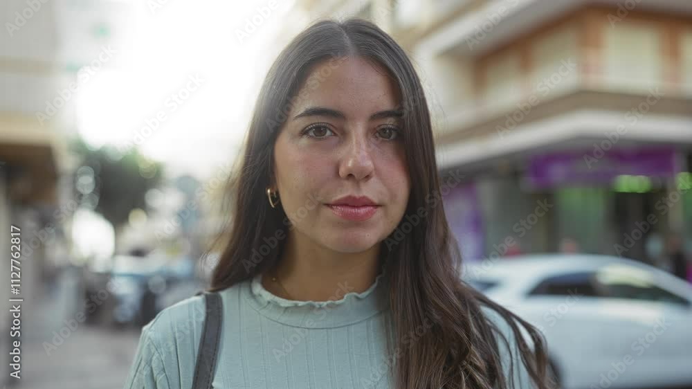 Woman smiling outdoors in urban street setting with long brunette hair and casual attire, conveying a vibrant city life atmosphere. Woman smiling outdoors in urban street setting with long brunette hair and casual attire, conveying a vibrant city life atmosphere.