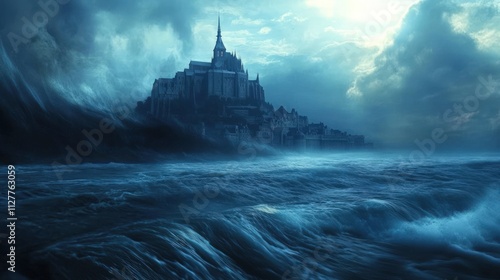 Stormy sea engulfs island castle. photo