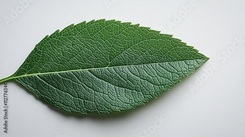 Single green leaf with visible veins isolated on white background. photo