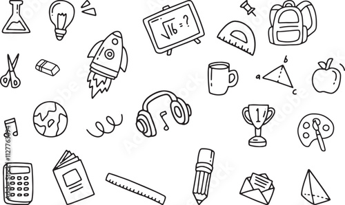 Back to school doodle elements. Vector illustration in line