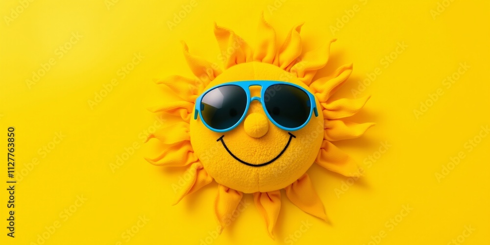 Cheerful Sun Plush Toy with Sunglasses on Bright Yellow Background Cheerful Sun Plush Toy with Sunglasses on Bright Yellow Background