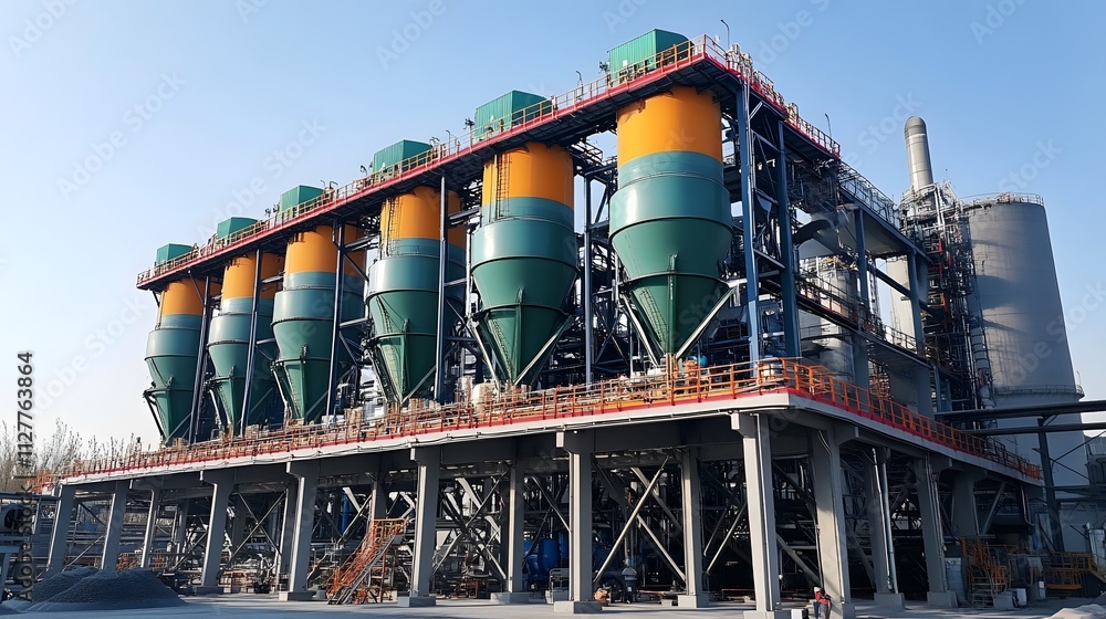A large industrial plant with many tanks and pipes. The plant is surrounded by a fence. Scene is industrial and somewhat ominous