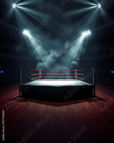 Professional Wrestling Ring Under Dramatic Spotlight with Mist and Wooden Floor