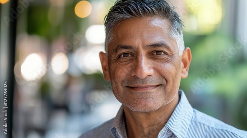 A lively atmosphere reflects in the close up portrait of a latin man showing a warm smile