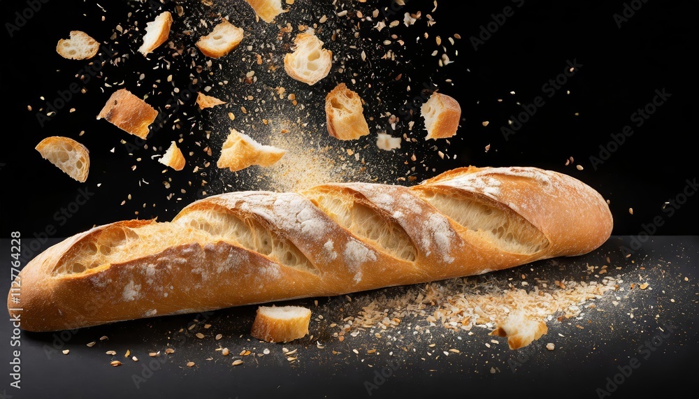 Baguette Bread with Falling Crumbs Isolated on a Transparent Background - Perfect for Culinary Illustrations, Food Photography, and Baking Recipes, Highlighting the Texture and Freshness of Baguette Bread with Falling Crumbs Isolated on a Transparent Background - Perfect for Culinary Illustrations, Food Photography, and Baking Recipes, Highlighting the Texture and Freshness of